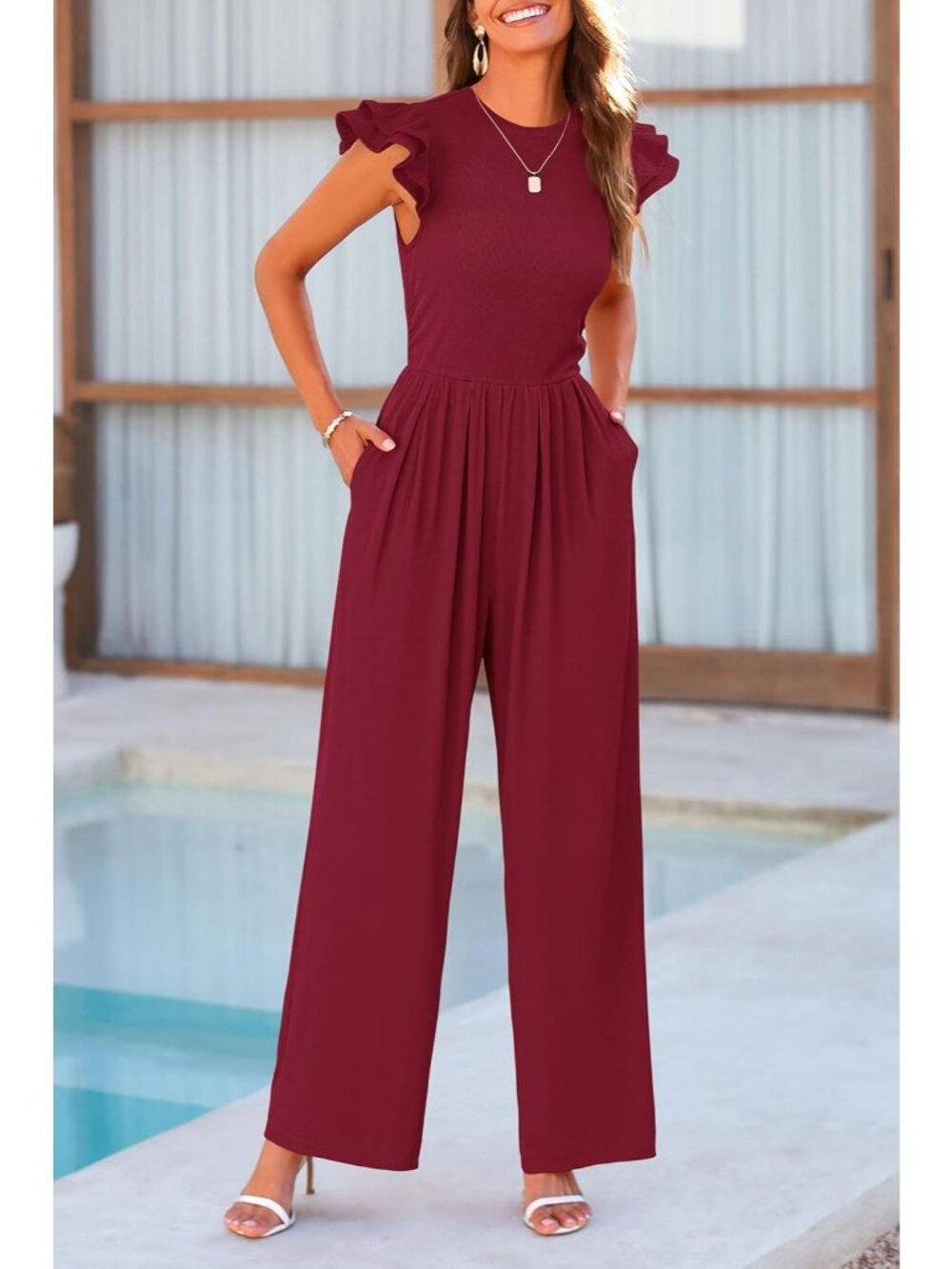 Women's Wine Red Fashion Ruffle Cap Sleeve Crew Neck Rib Knit One Piece Romper - Picture 5 of 6